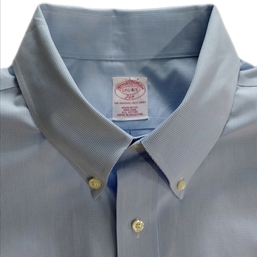 Brooks Brothers Non-Iron Dress Shirt 17.5 Blue Micro Check Button Down Collar